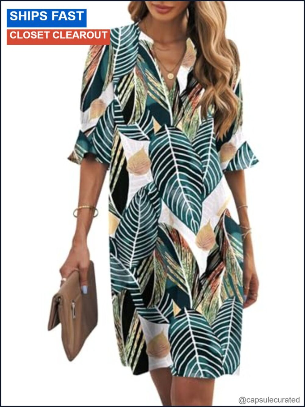 Wkior Women's Shift Dress Ruffle Short Sleeve V-Neck Knee-Length Casual